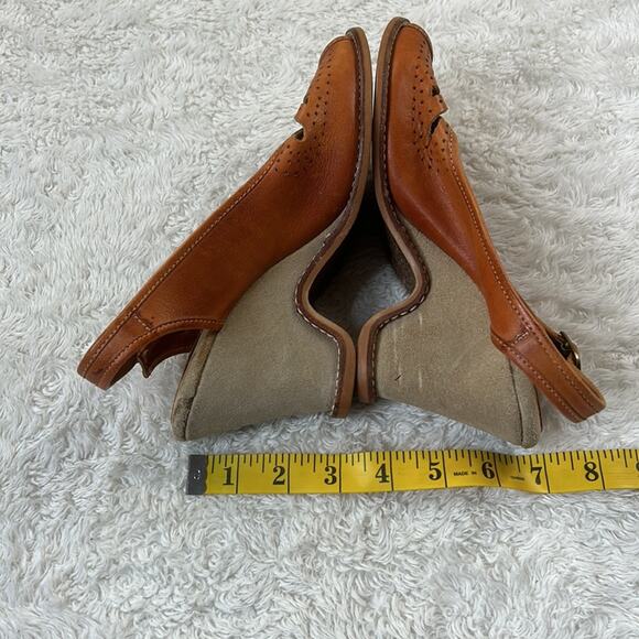 Vintage 70s Fanfares leather and suede peep toe wedge heels in Malt, size 6.5 - Picture 6 of 11